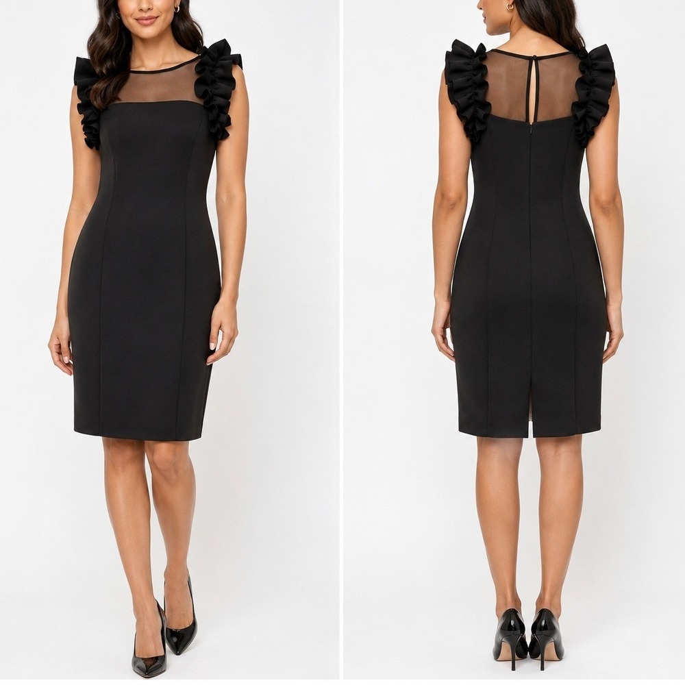 Eliza J Sheath Midi Dress 6 Black Ruffle Strap Formal Chic Cocktail